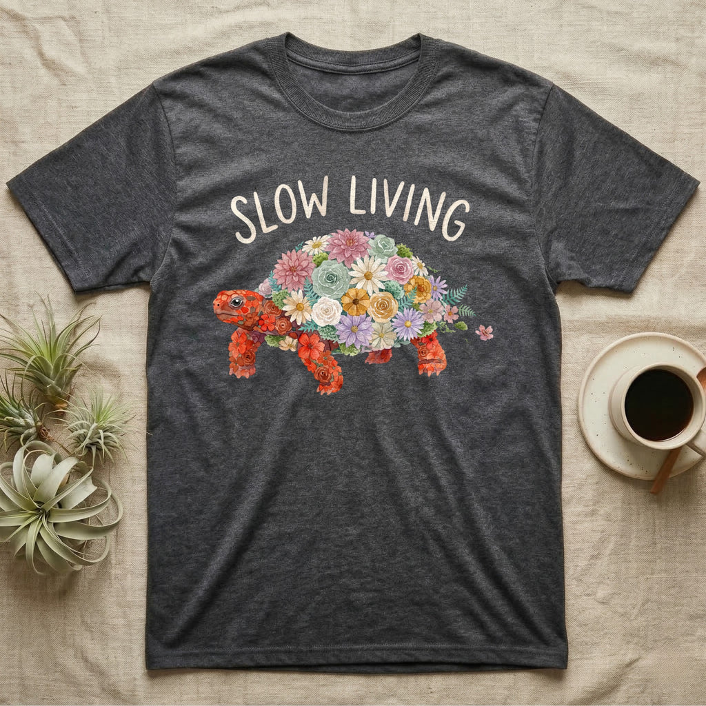 Red-Foot Tortoise Slow Living T-Shirt in Dark Heather — Flat watercolour mosaic of a red-foot tortoise built entirely from terrarium flowers and ferns.
