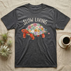Red-Foot Tortoise Slow Living T-Shirt in Dark Heather — Flat watercolour mosaic of a red-foot tortoise built entirely from terrarium flowers and ferns.