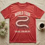 African Millipede World Tour T-Shirt in Heather Red — Bootleg tour-merch halftone illustration of a giant African millipede as the headline act.
