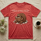 Red-Foot Tortoise Reading T-Shirt in Heather Red — Pen-and-ink red-foot tortoise seated reading a book in tiny glasses with cross-hatch shading and cream ink