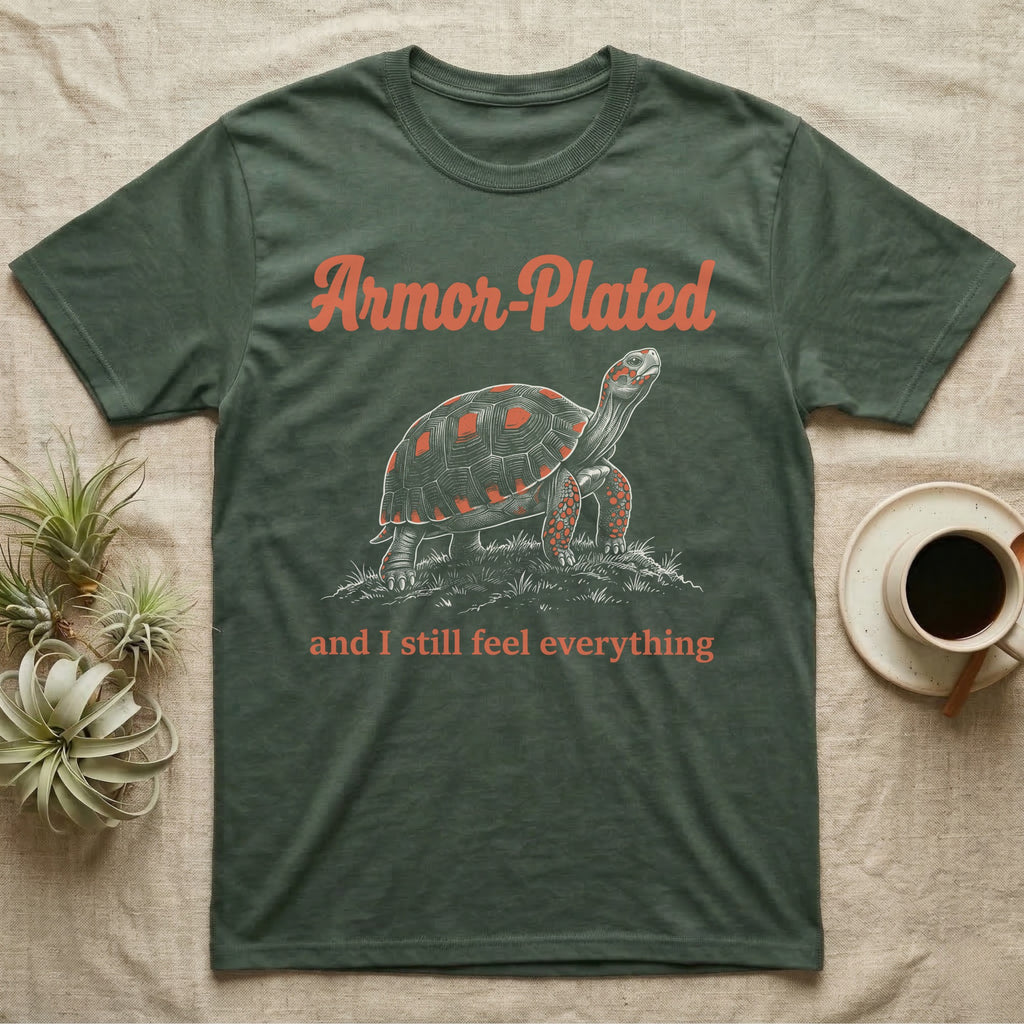 Red-Foot Tortoise Armor T-Shirt in Military Green — White-line engraving of a red-footed tortoise on tiptoe under orange Armor-Plated script and a serif line