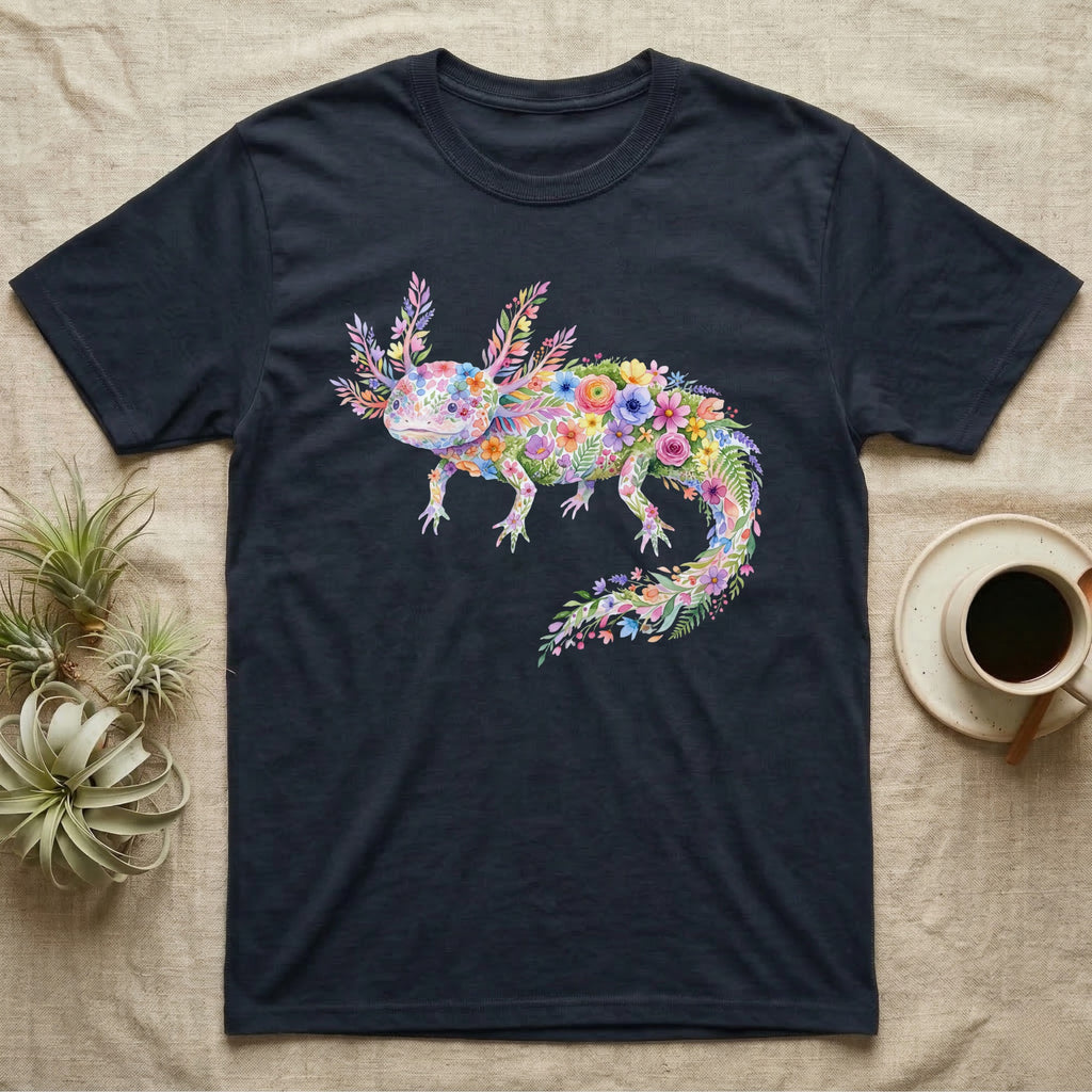 Axolotl Watercolour Mosaic T-Shirt in Navy — Watercolour mosaic axolotl made of painted flowers and leaf blades, gill plumes fanned, petals trailing from its tail