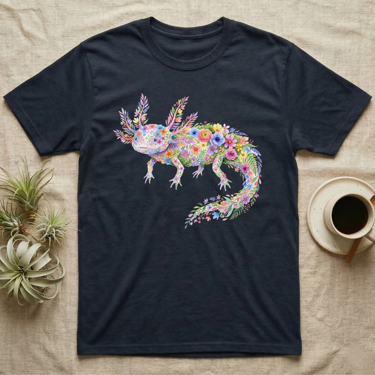 Axolotl Watercolour Mosaic T-Shirt in Navy — Watercolour mosaic axolotl made of painted flowers and leaf blades, gill plumes fanned, petals trailing from its tail