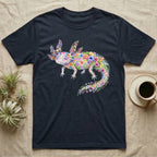 Axolotl Watercolour Mosaic T-Shirt in Navy — Watercolour mosaic axolotl made of painted flowers and leaf blades, gill plumes fanned, petals trailing from its tail