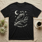 Black t-shirt with a raven on a branch, moon, and stars design.