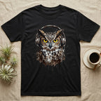 Black t-shirt with a realistic owl wearing headphones, on a neutral background.