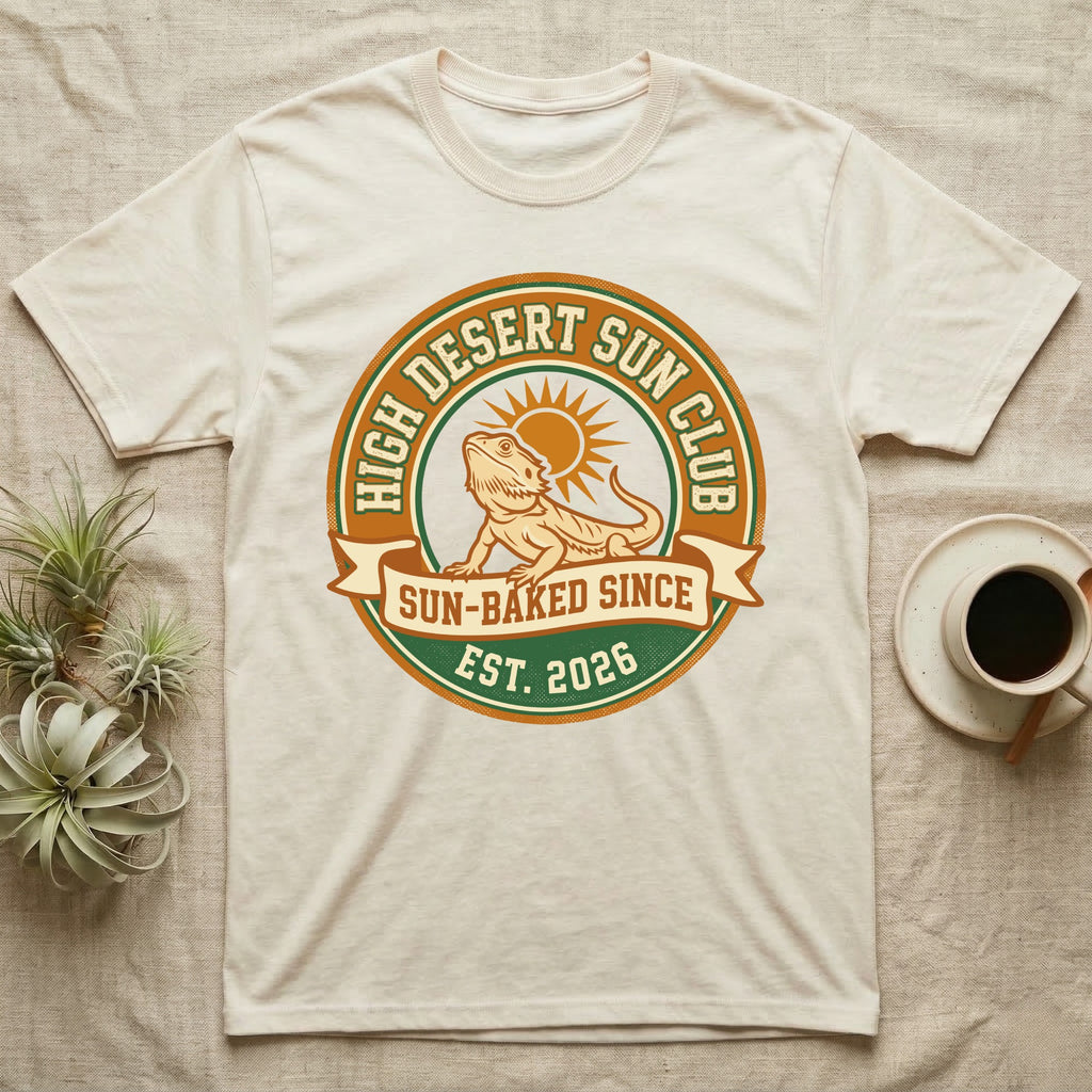 Cream t-shirt with "High Desert Sun Club" logo featuring a bearded dragon.