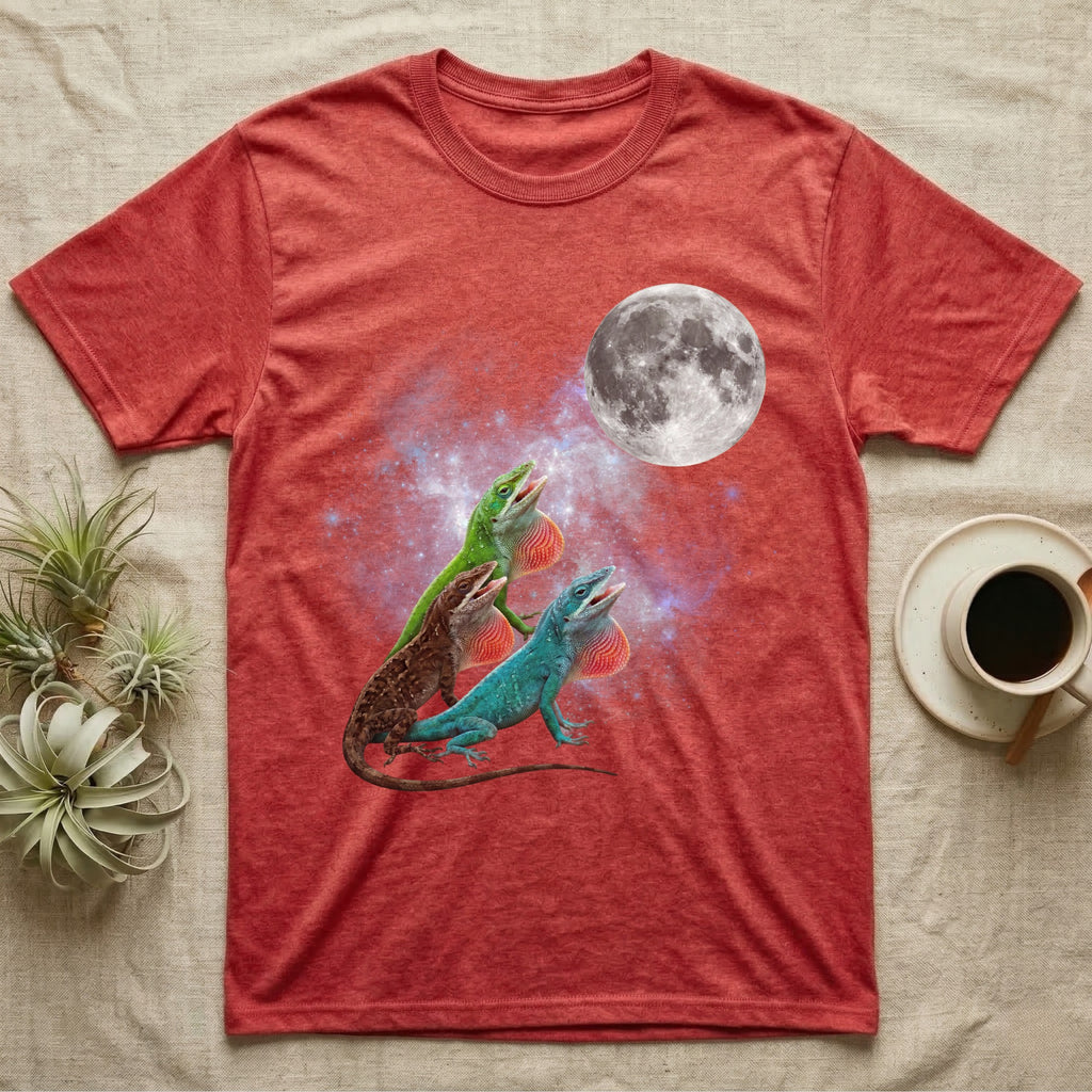 Green Anole Moon Howl T-Shirt in Heather Red — Three Green Anole colour morphs howling at a full moon over a nebula on a dark grey t-shirt.