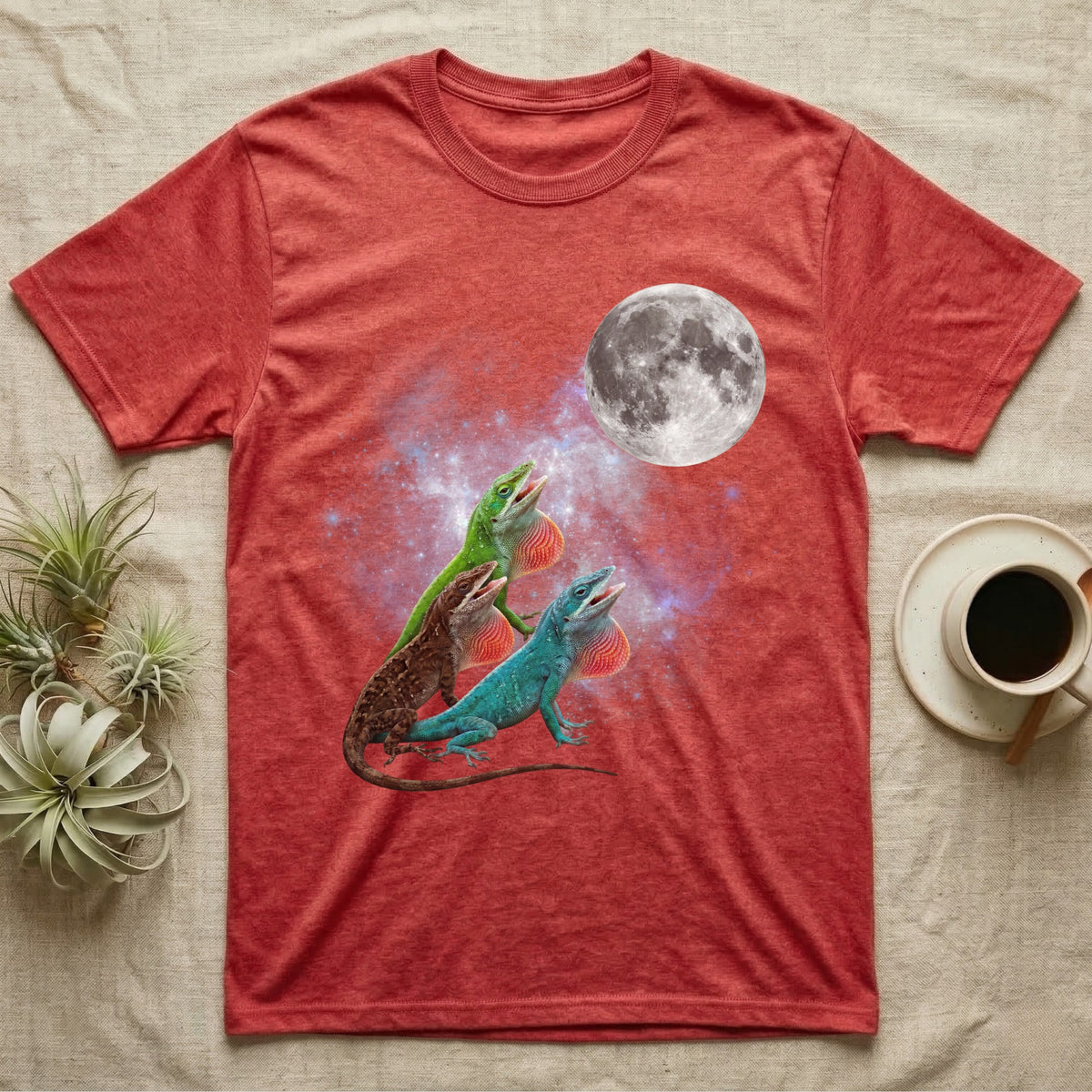 Green Anole Moon Howl T-Shirt in Heather Red — Three Green Anole colour morphs howling at a full moon over a nebula on a dark grey t-shirt.
