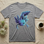 Neon cyan and purple illustration of a floating axolotl with spread gill plumes in a glowing bioluminescent style, no on-shirt text. — shown on a Sport Grey tee.