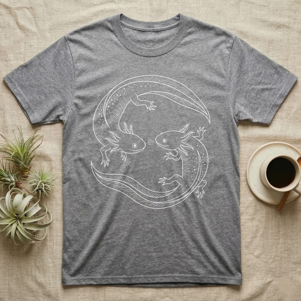 Axolotl Pair Roundel T-Shirt in Sport Grey — Fine-line drawing of two axolotls in a rotational roundel, heads meeting over a small spiral on grey
