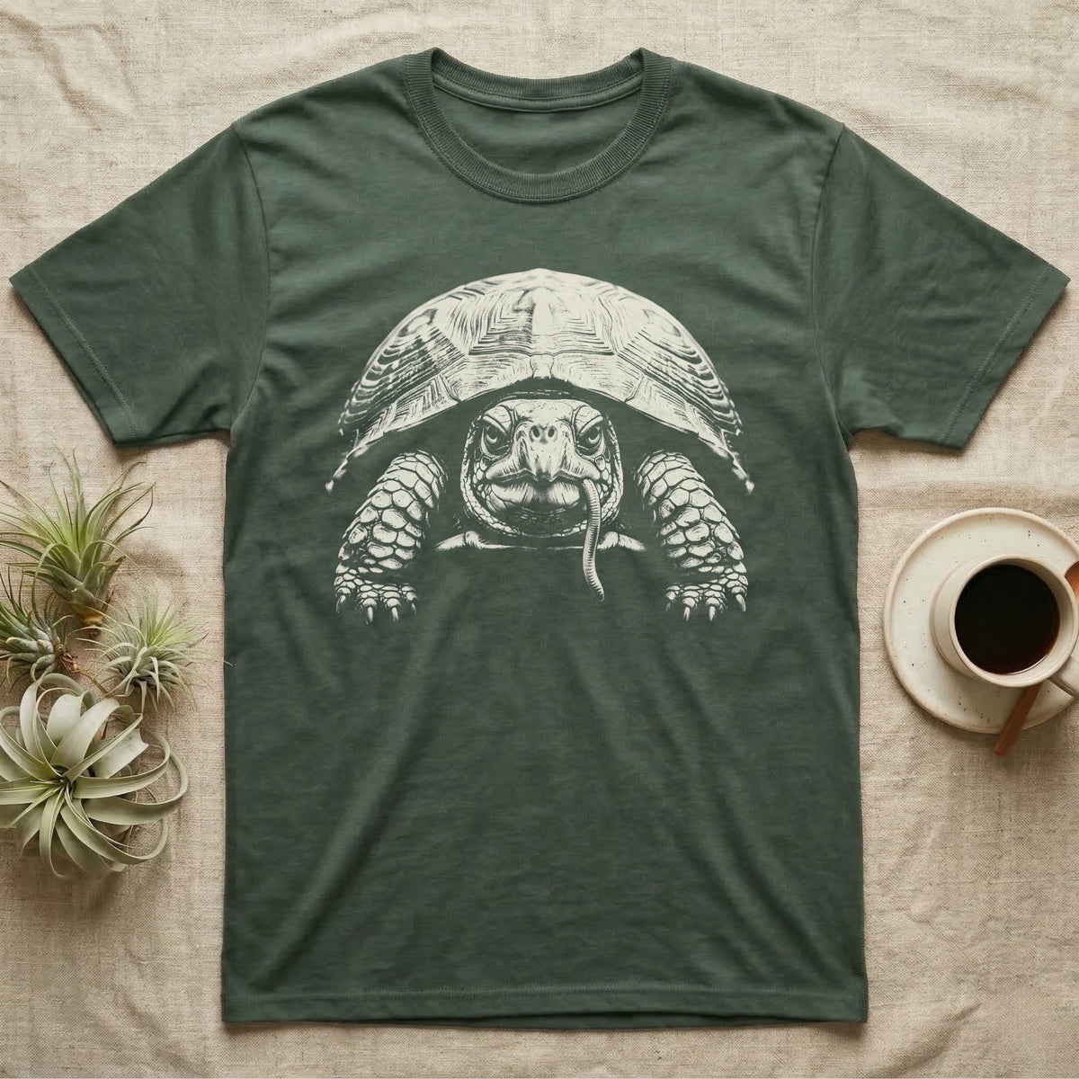 Box Turtle Tough Guy T-Shirt in Military Green — Black-and-white photo print of an eastern box turtle staring straight ahead with an earthworm hanging from its beak like a cigarette