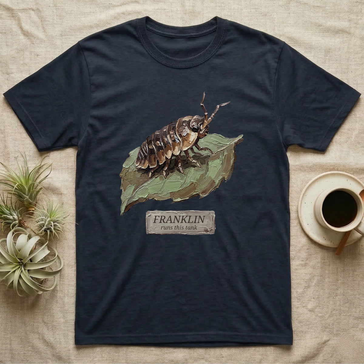 Franklin Isopod Tank T-Shirt in Navy — Impasto oil-painting portrait of an isopod on a leaf with an engraved Franklin name-plate beneath the subject.