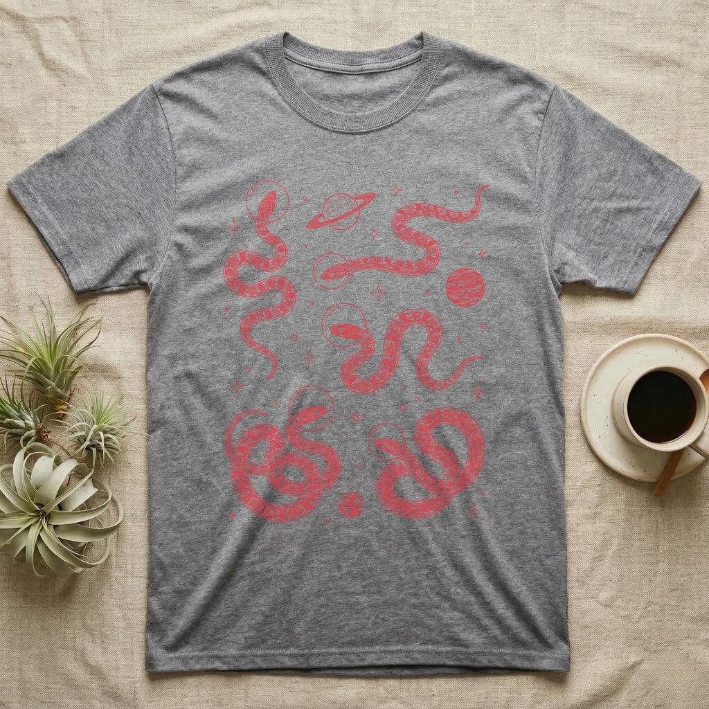 Corn Snake Cosmic T-Shirt in Sport Grey — Vintage screen-print illustration of corn snakes in astronaut helmets floating in space, cosmic crimson monochromatic on dark background.