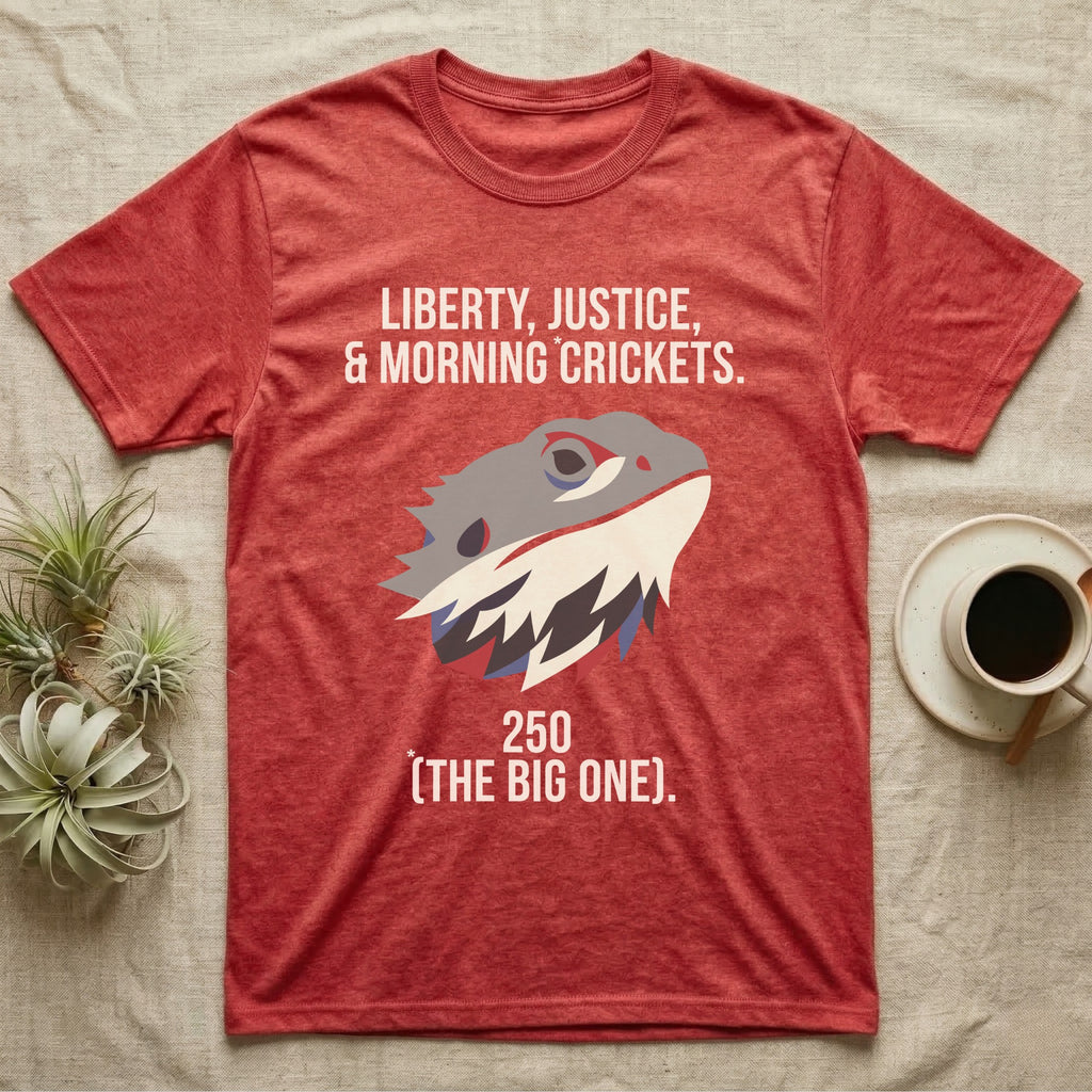 Bearded Dragon Low Poly T-Shirt in Heather Red — Low-poly faceted bearded dragon head in muted tones with text Liberty, Justice and Morning Crickets, 250 The Big One.