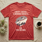 Bearded Dragon Low Poly T-Shirt in Heather Red — Low-poly faceted bearded dragon head in muted tones with text Liberty, Justice and Morning Crickets, 250 The Big One.