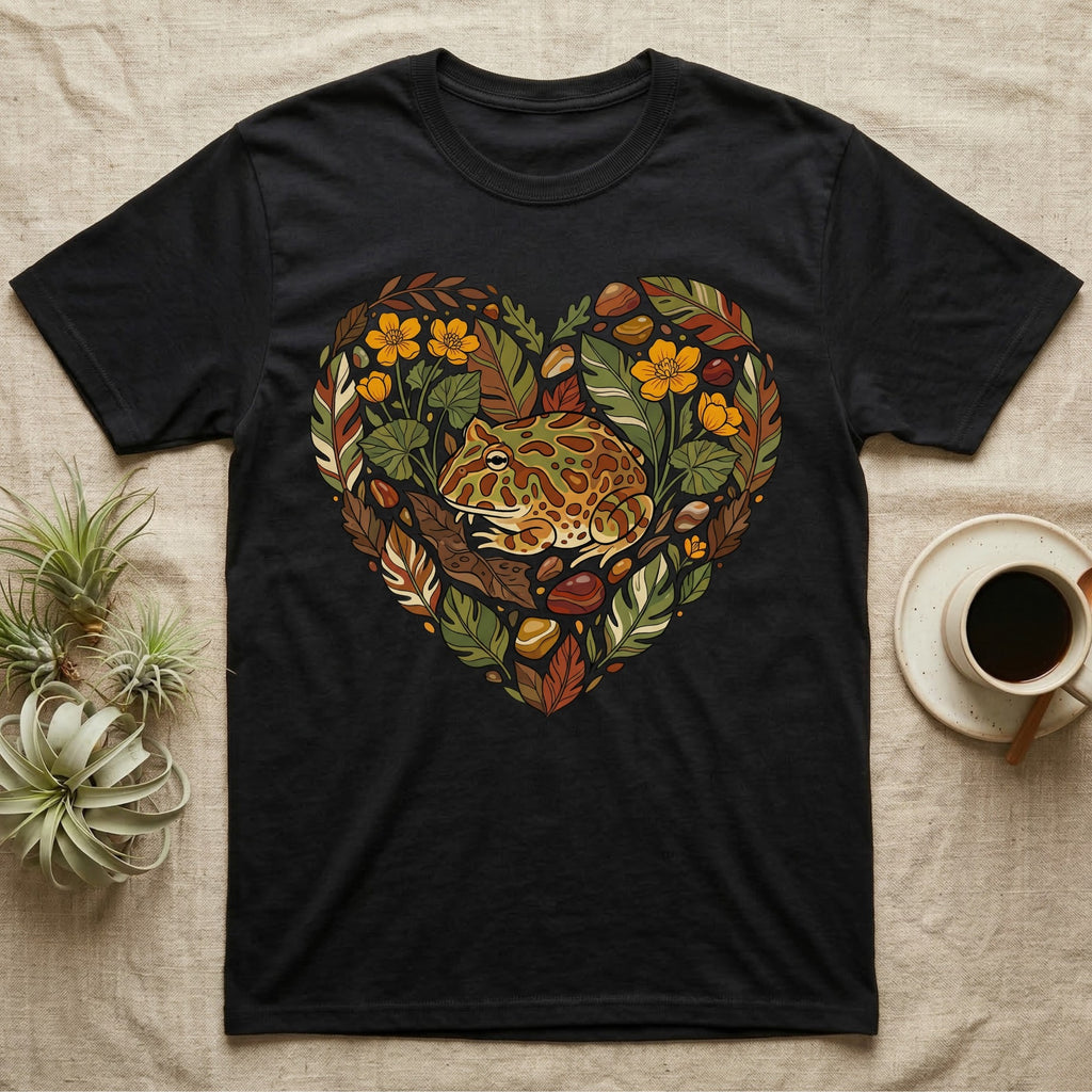 Black t-shirt with a heart-shaped graphic of a frog surrounded by leaves and stones.