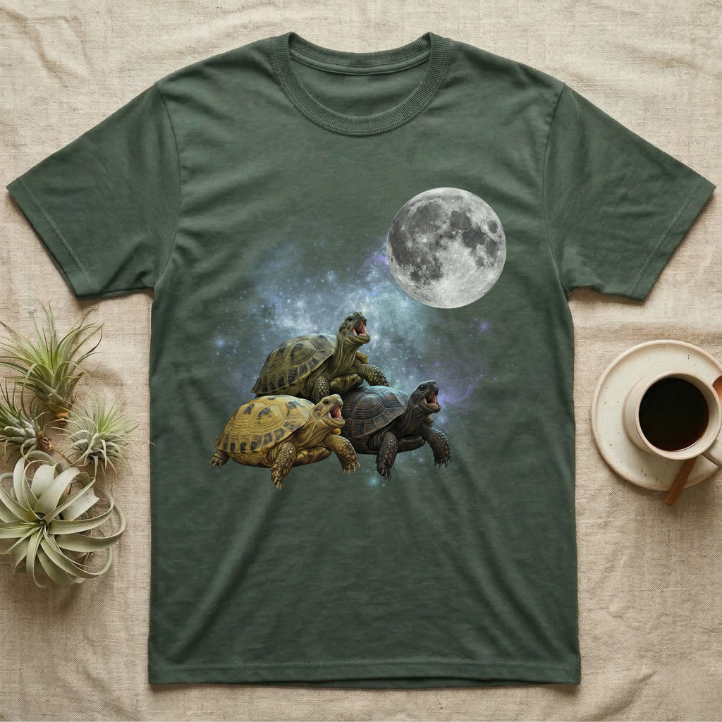 Russian Tortoise Moon Howl T-Shirt in Military Green — Three Russian Tortoise colour morphs howling at a full moon over a nebula on a dark grey t-shirt.