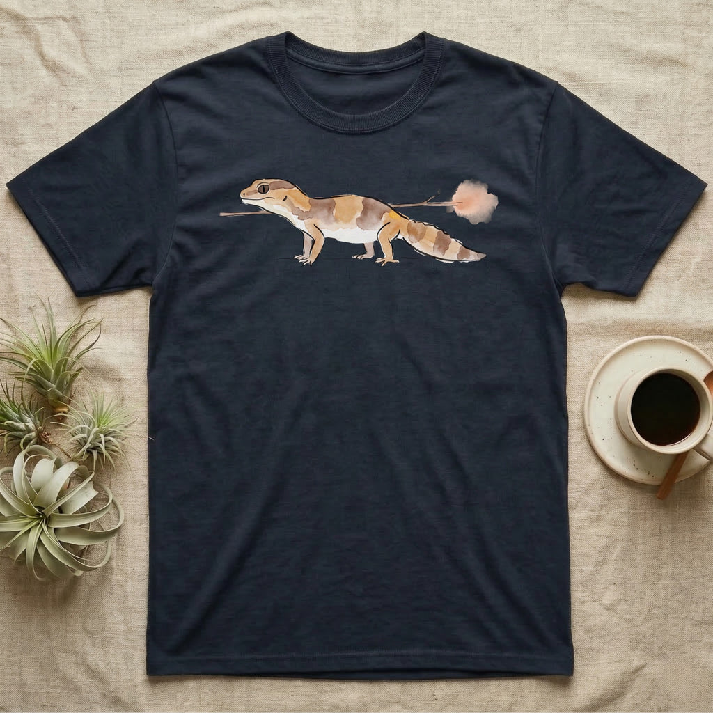 African Fat-Tailed Gecko Watercolour T-Shirt in Navy — Watercolour African fat-tailed gecko in profile beneath a thin twig ending in a soft bloom, drawn with a broken ink line.