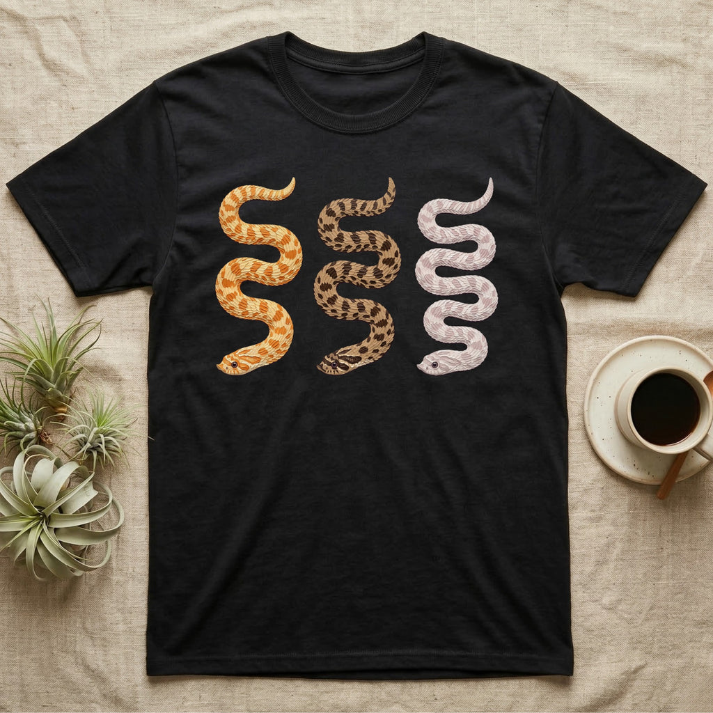Hognose Morph Triptych T-Shirt in Black — Palette-knife painting of three western hognose snakes side by side, albino, anaconda and snow morphs.