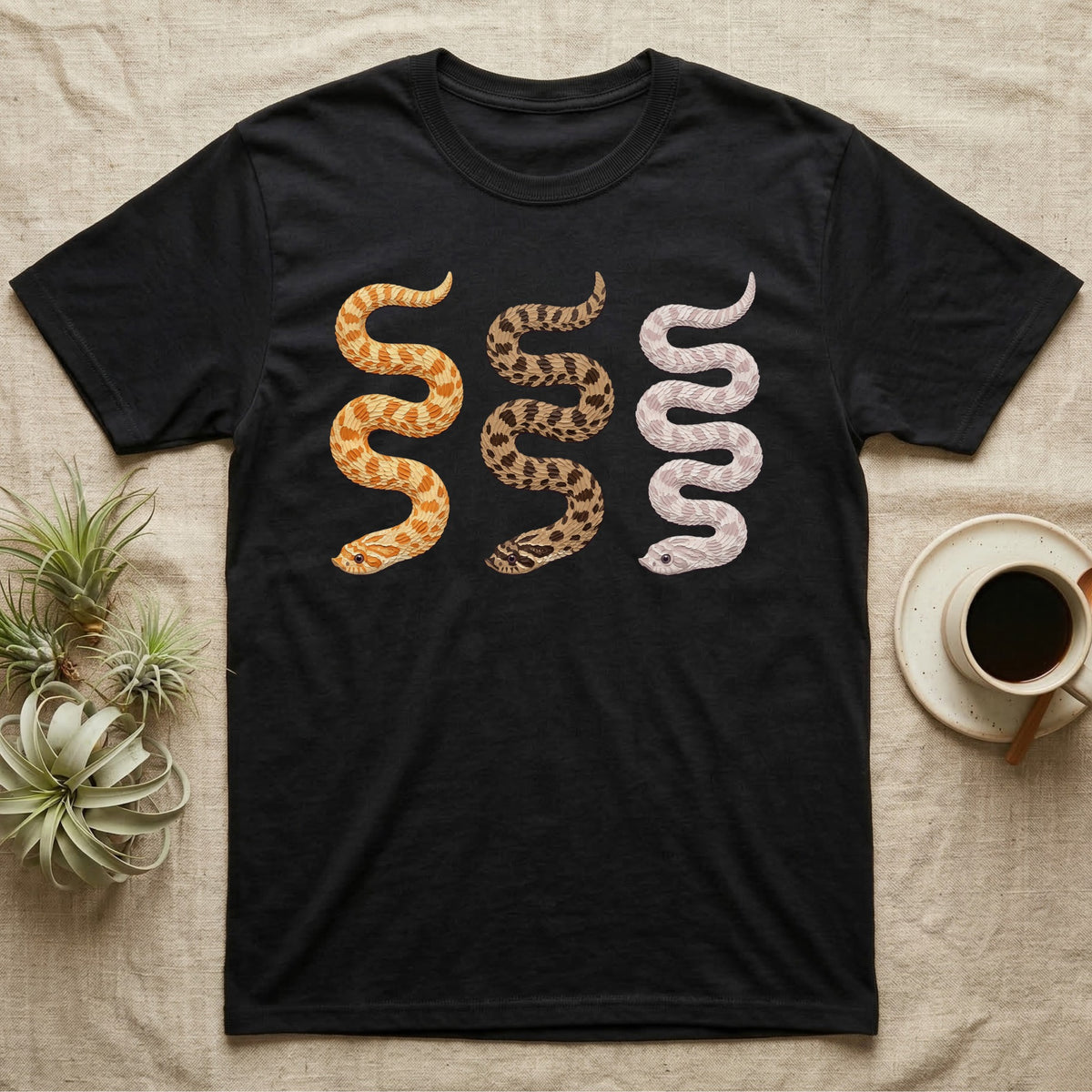 Hognose Morph Triptych T-Shirt in Black — Palette-knife painting of three western hognose snakes side by side, albino, anaconda and snow morphs.