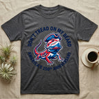 Bearded Dragon Don't Tread T-Shirt in Dark Heather — Pop-art red-white-blue bearded dragon in a tricorn hat inside a ring reading Don't Tread On My Beard.