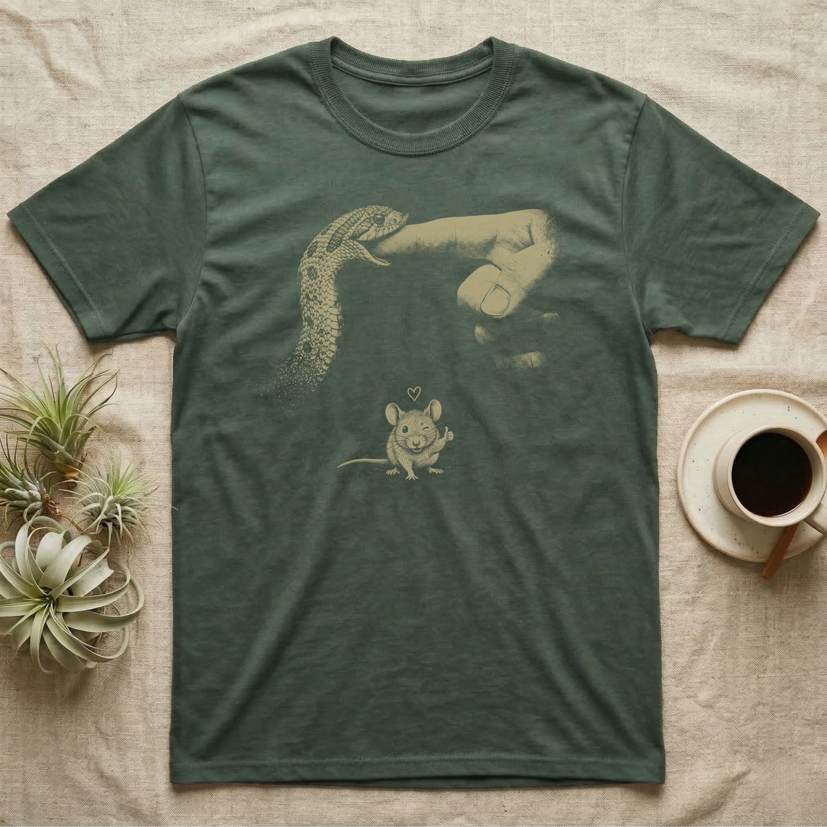 Hognose Finger Bite T-Shirt in Military Green — Single-ink western hognose biting a fingertip while a winking mouse below gives a thumbs-up, on black.