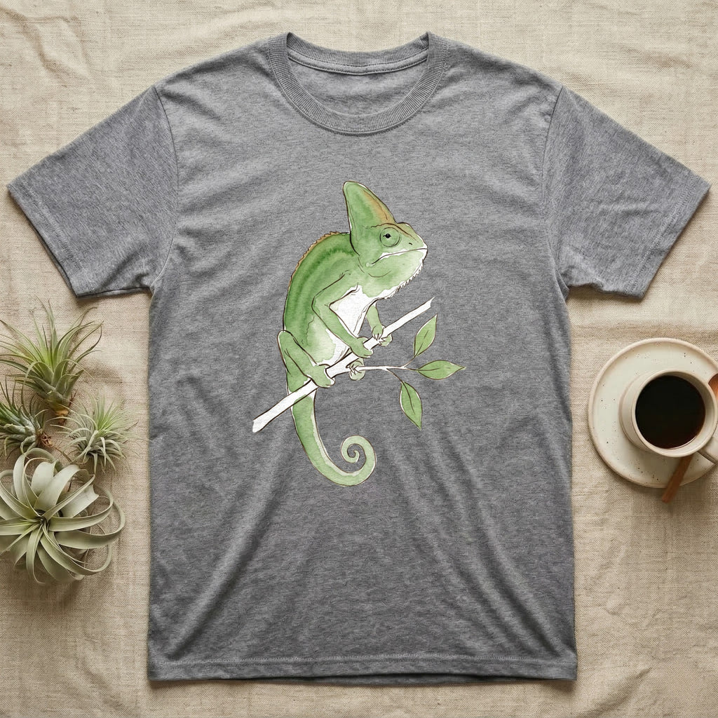 Veiled Chameleon Ambassador T-Shirt in Sport Grey — Watercolour illustration of a veiled chameleon calmly gripping a slender branch, tall casque and curled tail.