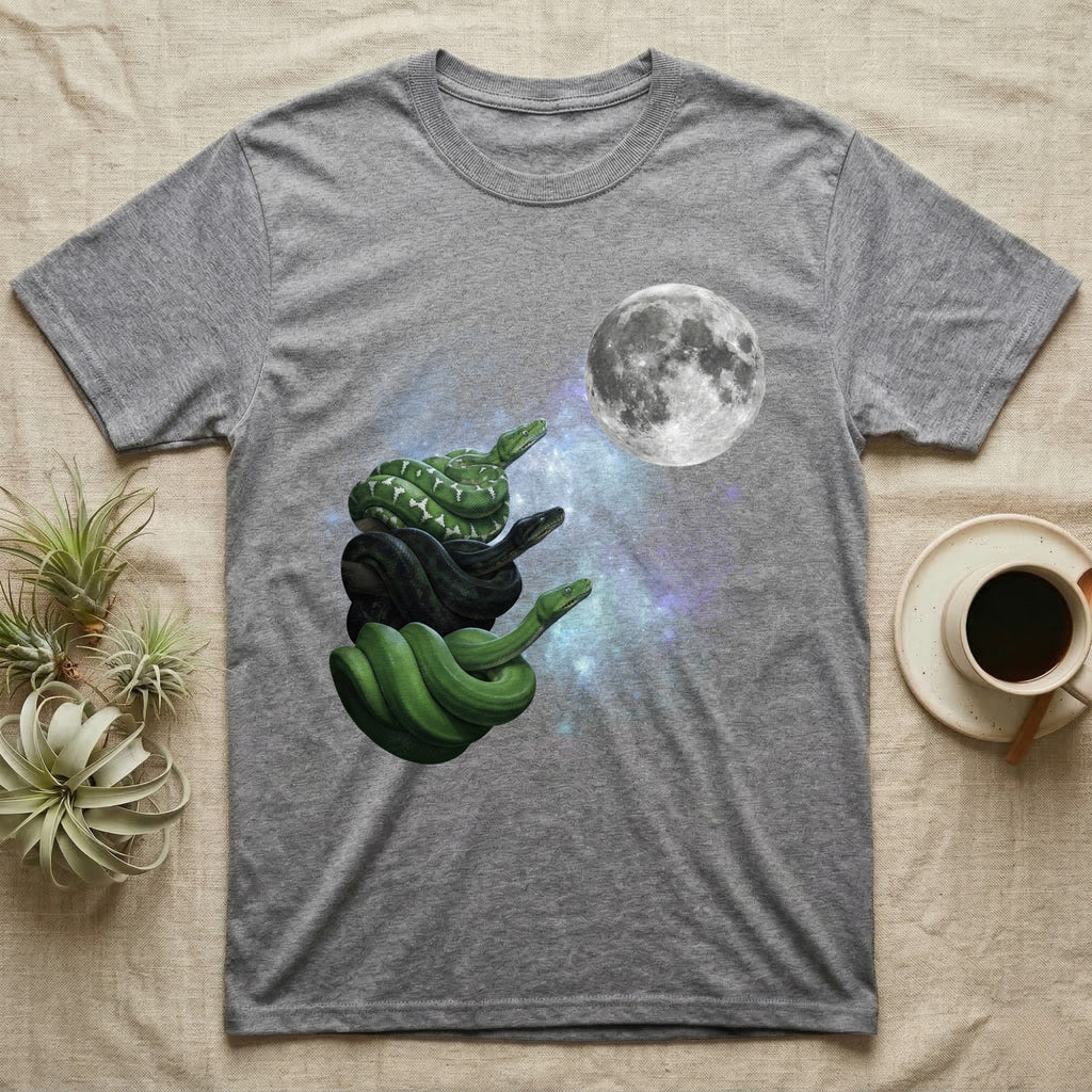 Emerald Tree Boa Moon Howl T-Shirt in Sport Grey — Three Emerald Tree Boa colour morphs howling at a full moon over a nebula on a dark grey t-shirt.