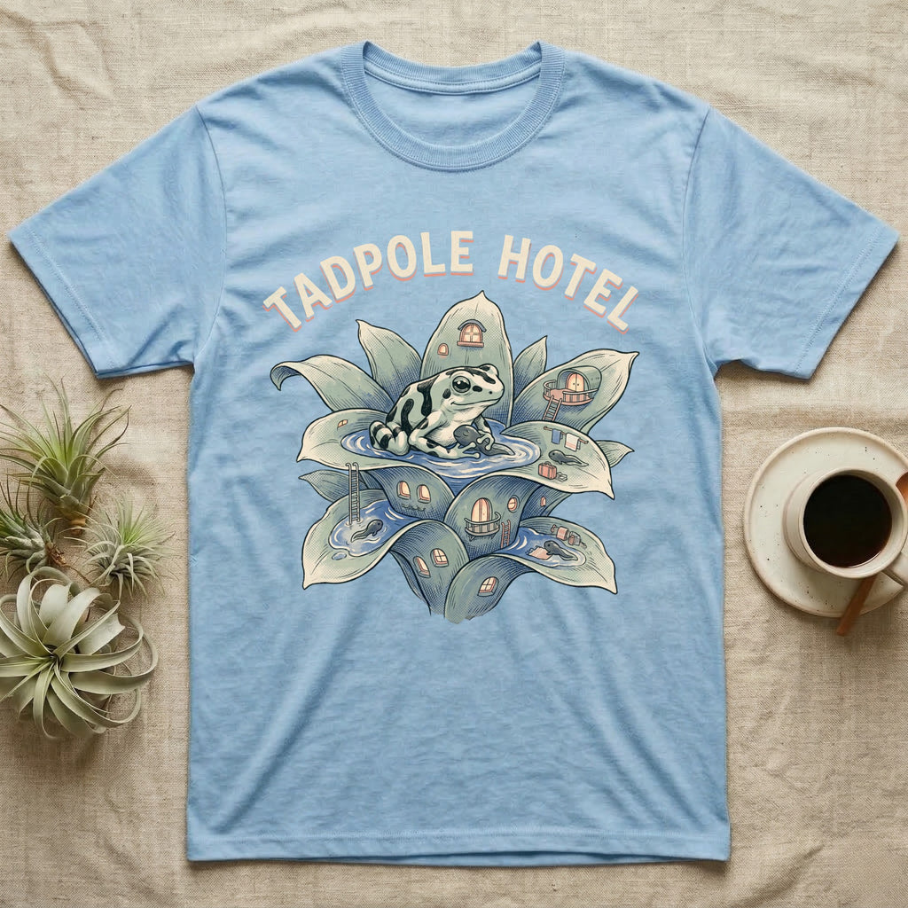 Tadpole Hotel Frog T-Shirt in Light Blue — Whimsical naturalist illustration of a dart frog tucking tadpoles into a bromeliad Tadpole Hotel with hand-lettered marquee text.
