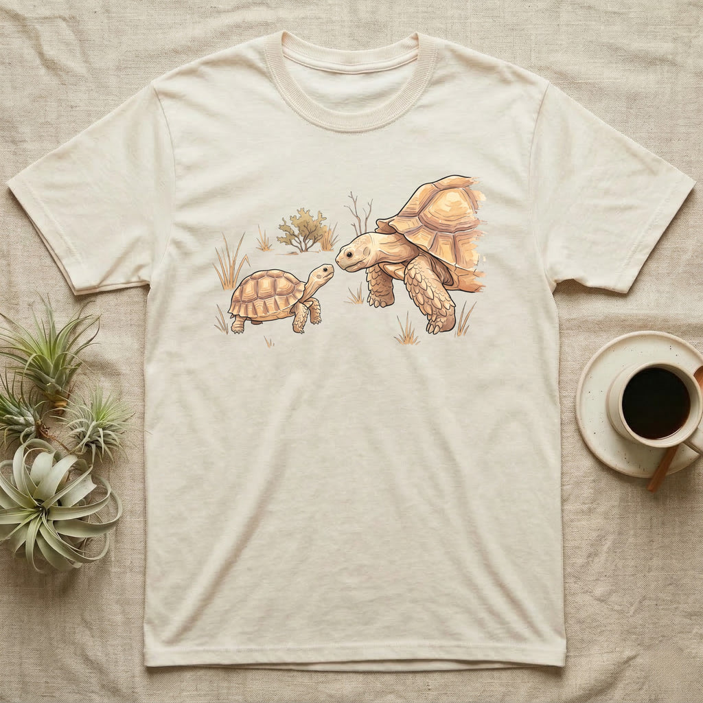 Sulcata Watercolour Profile T-Shirt in Natural — Watercolour sulcata tortoise in left profile, broken ink outline, a thin line at head height ending in an ochre bloom