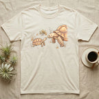 Sulcata Watercolour Profile T-Shirt in Natural — Watercolour sulcata tortoise in left profile, broken ink outline, a thin line at head height ending in an ochre bloom