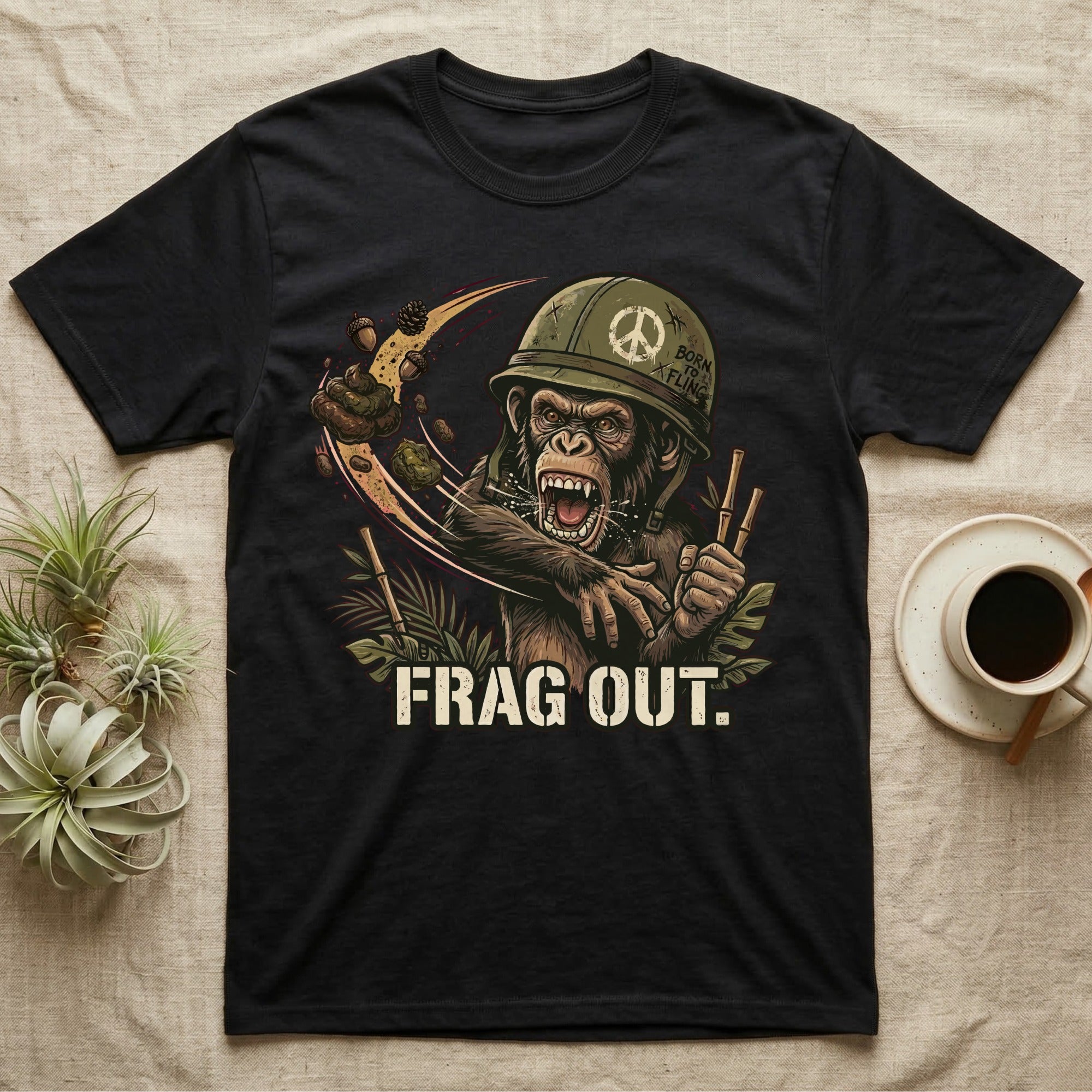 Chimpanzee in helmet with "Born to Flunk" text, throwing acorns.