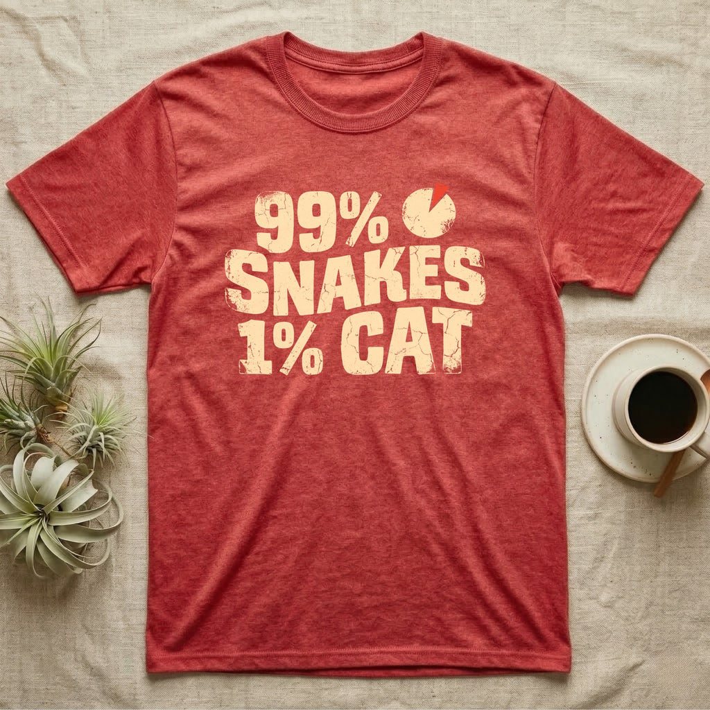 99% Snakes Keeper T-Shirt in Heather Red — Distressed-block wordmark reading 99 percent snakes 1 percent cat with a small pie-chart accent glyph.