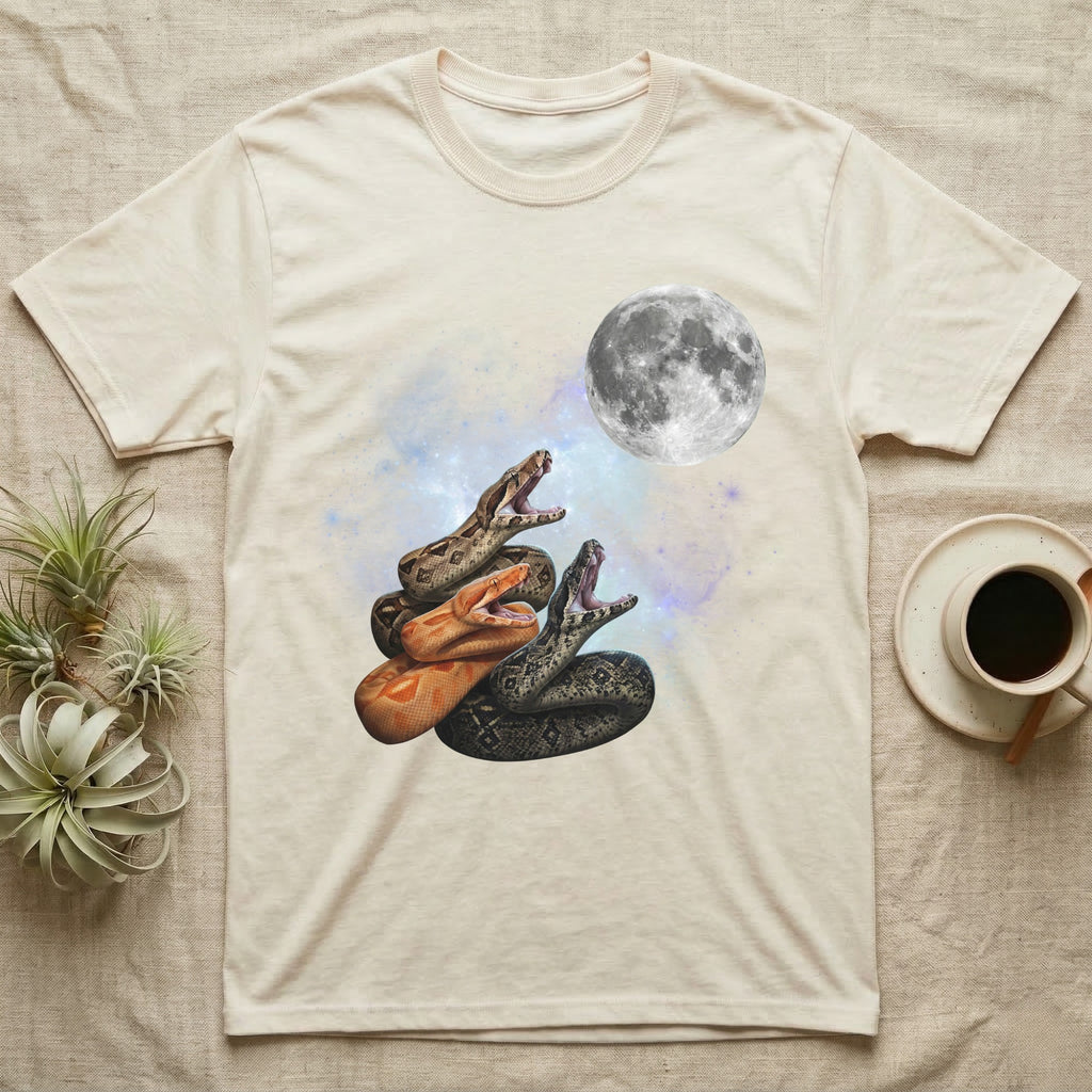 Boa Constrictor Moon Howl T-Shirt in Natural — Three Boa Constrictor colour morphs howling at a full moon over a nebula on a dark grey t-shirt.