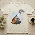 Boa Constrictor Moon Howl T-Shirt in Natural — Three Boa Constrictor colour morphs howling at a full moon over a nebula on a dark grey t-shirt.