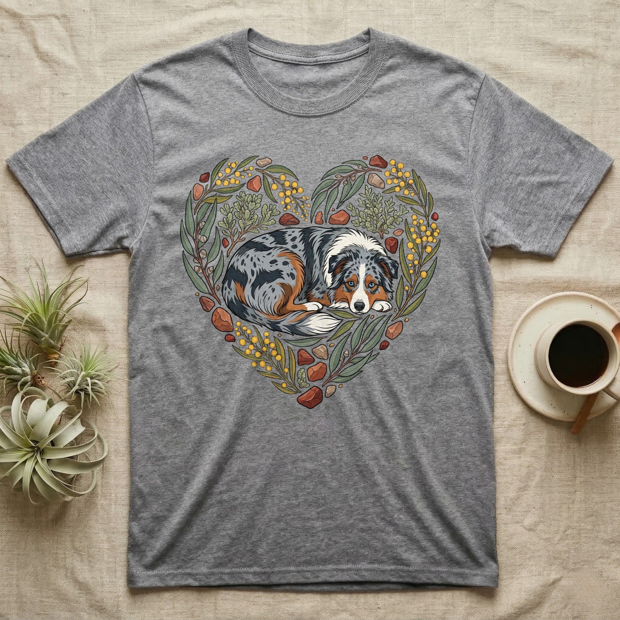 Grey t-shirt with a dog in a heart-shaped floral wreath design.