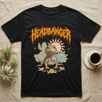 Central Bearded Dragon Feral T-Shirt in Black — Baby bearded dragon in a pastel desert scene under a spiky amber metal wordmark reading HEADBANGER.