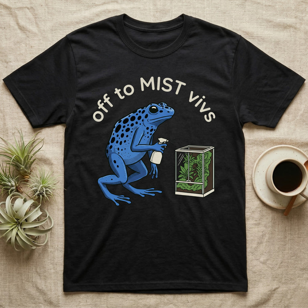 Dart Frog Misting T-Shirt in Black — Spotted blue dart frog spraying a planted vivarium under the words off to MIST vivs