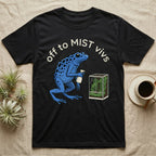 Dart Frog Misting T-Shirt in Black — Spotted blue dart frog spraying a planted vivarium under the words off to MIST vivs