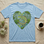 Light blue t-shirt with a heart-shaped forest design featuring a salamander.