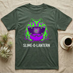 Pacman Frog Slime-O-Lantern T-Shirt in Military Green — Neon pop-art Pacman frog shaped like a jack-o'-lantern with a lit fly in its mouth, "Slime-O-Lantern."
