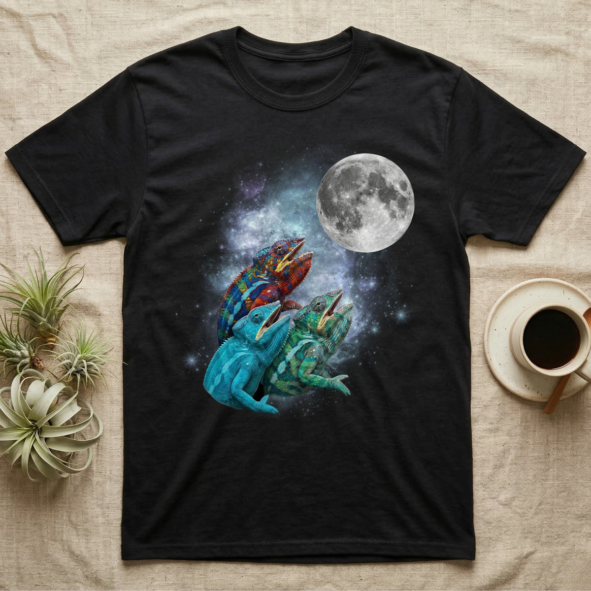 Panther Chameleon Moon Howl T-Shirt in Black — Three Panther Chameleon colour morphs howling at a full moon over a nebula on a dark grey t-shirt.