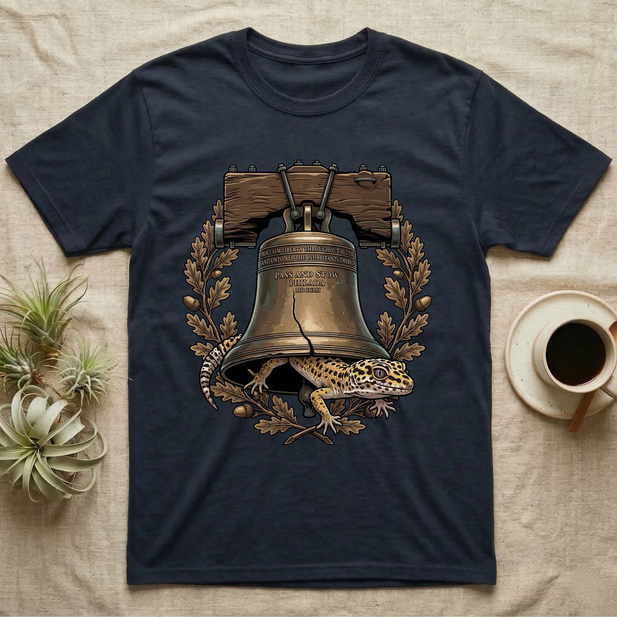 Leopard Gecko Liberty Bell T-Shirt in Navy — Engraved leopard gecko emerging beneath the bronze Liberty Bell inside an oak-leaf and acorn wreath.