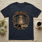 Leopard Gecko Liberty Bell T-Shirt in Navy — Engraved leopard gecko emerging beneath the bronze Liberty Bell inside an oak-leaf and acorn wreath.