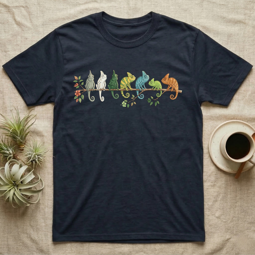 Veiled Chameleon Canopy Crew T-Shirt in Navy — Watercolor illustration of seven veiled chameleons in different colour phases on a ficus branch, dark grey T-shirt design.