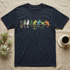 Veiled Chameleon Canopy Crew T-Shirt in Navy — Watercolor illustration of seven veiled chameleons in different colour phases on a ficus branch, dark grey T-shirt design.