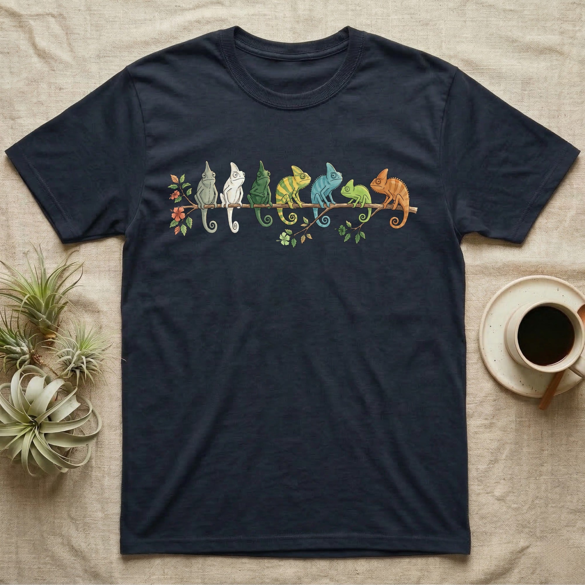 Veiled Chameleon Canopy Crew T-Shirt in Navy — Watercolor illustration of seven veiled chameleons in different colour phases on a ficus branch, dark grey T-shirt design.