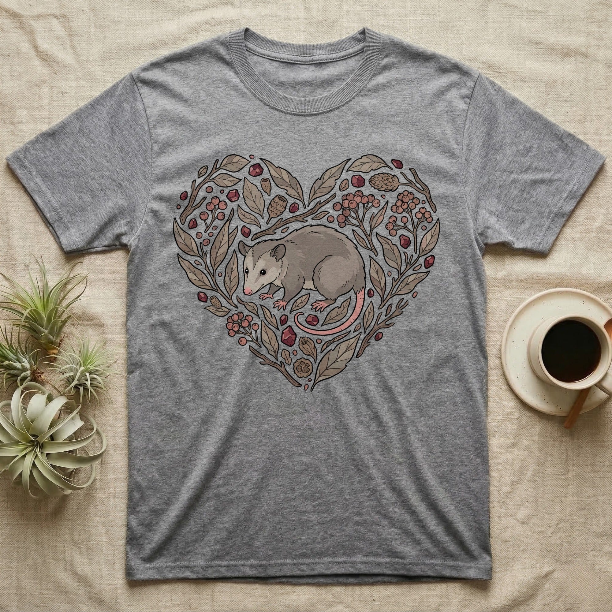 Grey t-shirt with a heart-shaped design featuring an opossum surrounded by natural elements.