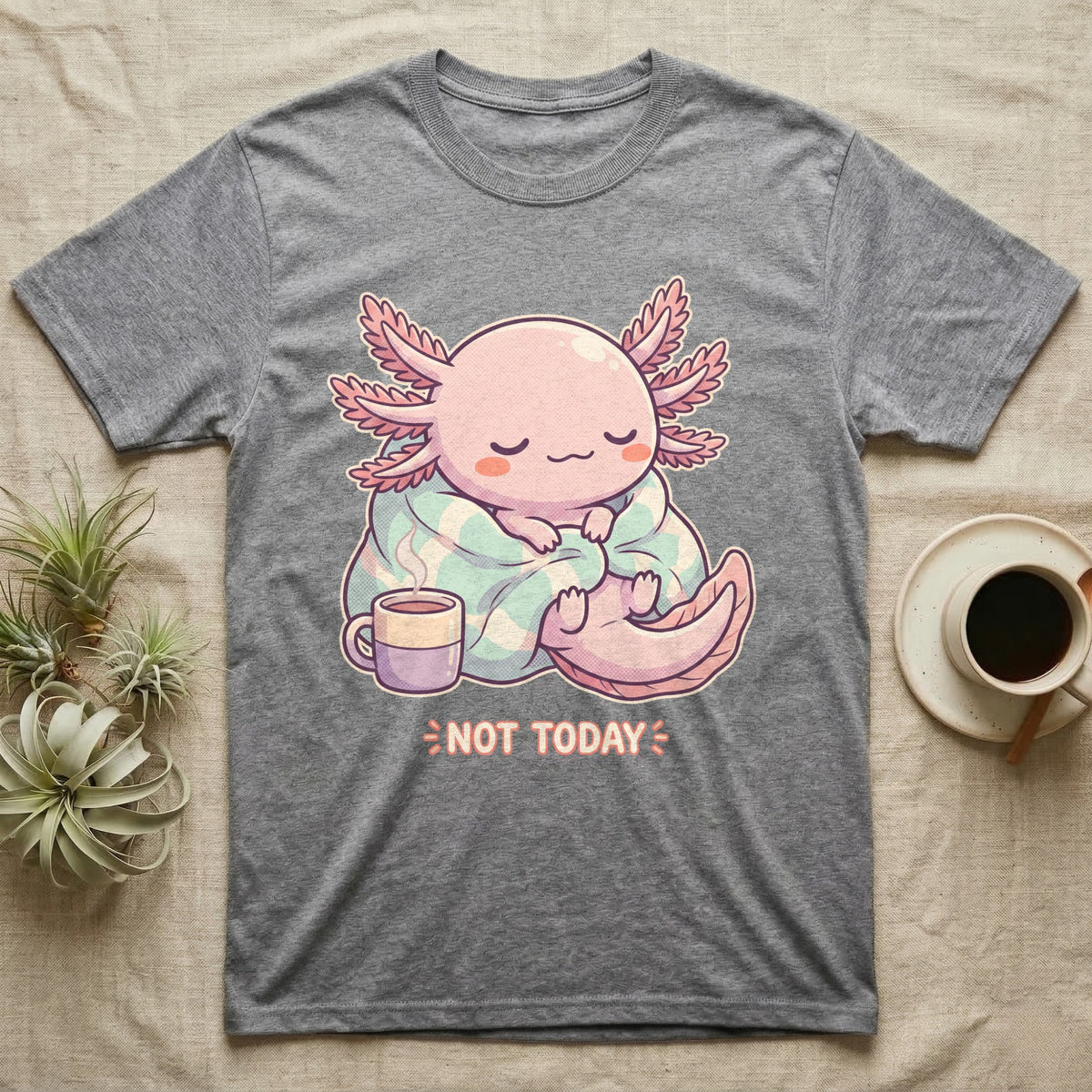 Axolotl Not Today T-Shirt in Sport Grey — Kawaii chibi illustration of an axolotl curled in a blanket with a mug and a soft caption reading Not Today.
